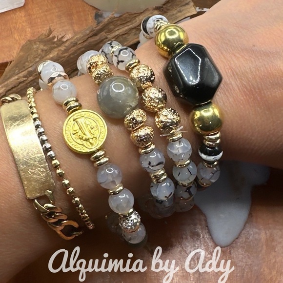 Rutile/white rutilated quartz beaded handmade bracelet metallic gold lava rock - Picture 2 of 6